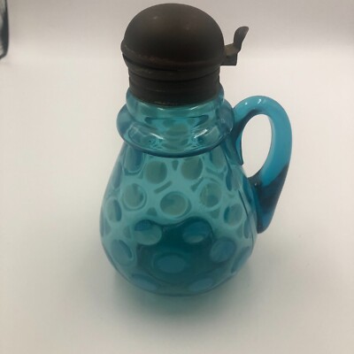 Blue Opalescent Ring Neck Coin Spot Syrup Jug