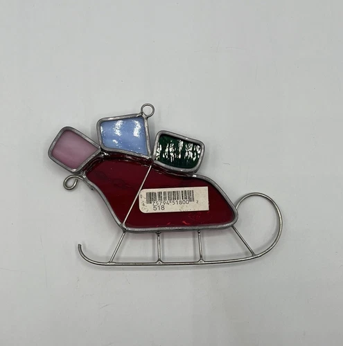 Stained Glass Sleigh With Toys Ornament Sun Catcher Vintage Handcrafted in USA