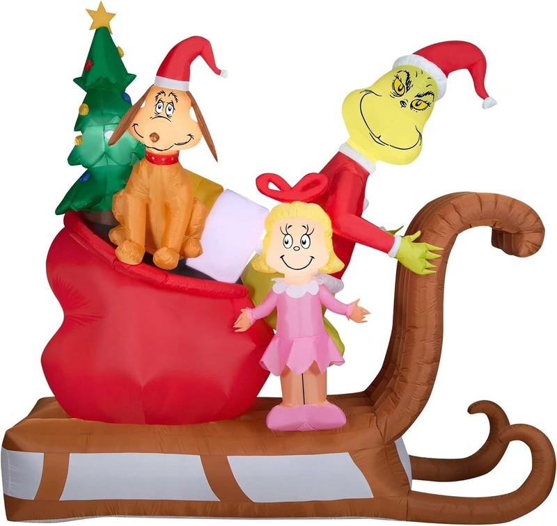 9 Ft Grinch with Max and Cindy Lou on Sleigh Airblown Inflatable Christmas Decor