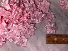 Lot 1 dozen pastel baby pink satin ribbon organza roses pearl center 1.25"