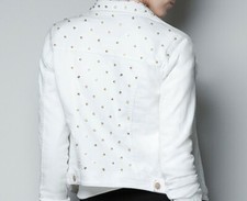 Zara Gold Studded White Stretch Cotton Denim Jacket Small Uk 8-10 Bnwot