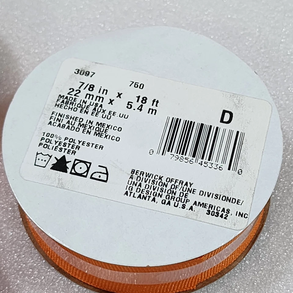 Offray Grosgrain Polyester Ribbon, Torrid Orange, 7/8 in x 18 feet - Image 4 of 4