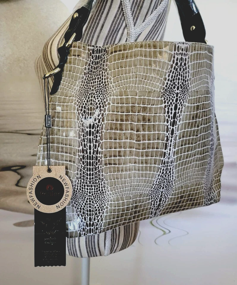 NUEVO Bolso Hobo Para Mujer Grande Cuero Genuino Estampado Serpiente Beige Correa para el Hombro Foto 3 de 4