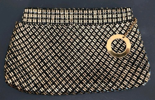 Vintage Whiting & Davis Black And Gold Metal Mesh Clutch 8" Wide Circa 1950's - Picture 7 of 9