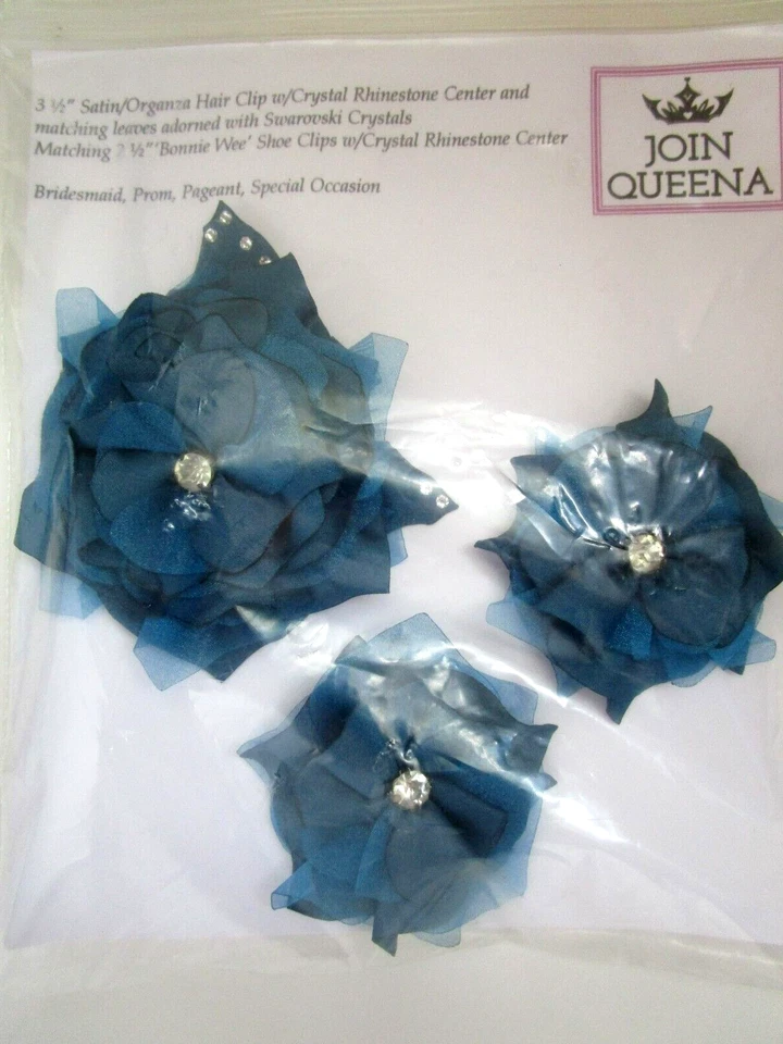 施华洛世奇水晶夹 加入 Queena 缎面花朵头发鞋夹 蓝色 银色 全新 — 第 4/4 张图片