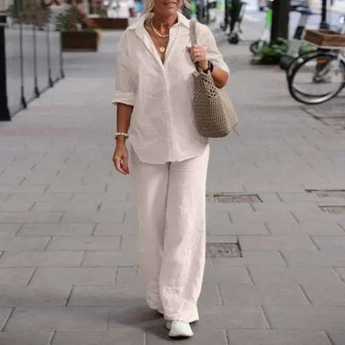Women's Cotton Linen Suit Sleeve Shirt Long Loose Pants Set Female Casual Sets - Picture 8 of 26