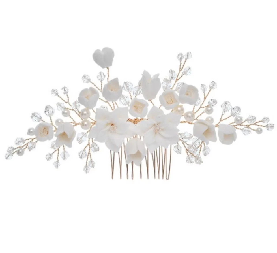 Pinzas para el pelo de cerámica floral de perlas con clase flor elegante regalo de boda Foto 4 de 4