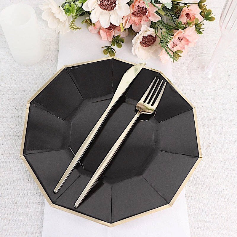 25 pcs 9 in Decagon Disposable Paper Dinner Plates Gold Trim Events Tableware - Image 4 of 4