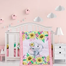 Crib Bedding Set for Baby Girls - 3 Piece Elephant Baby Bedding Set includes ...