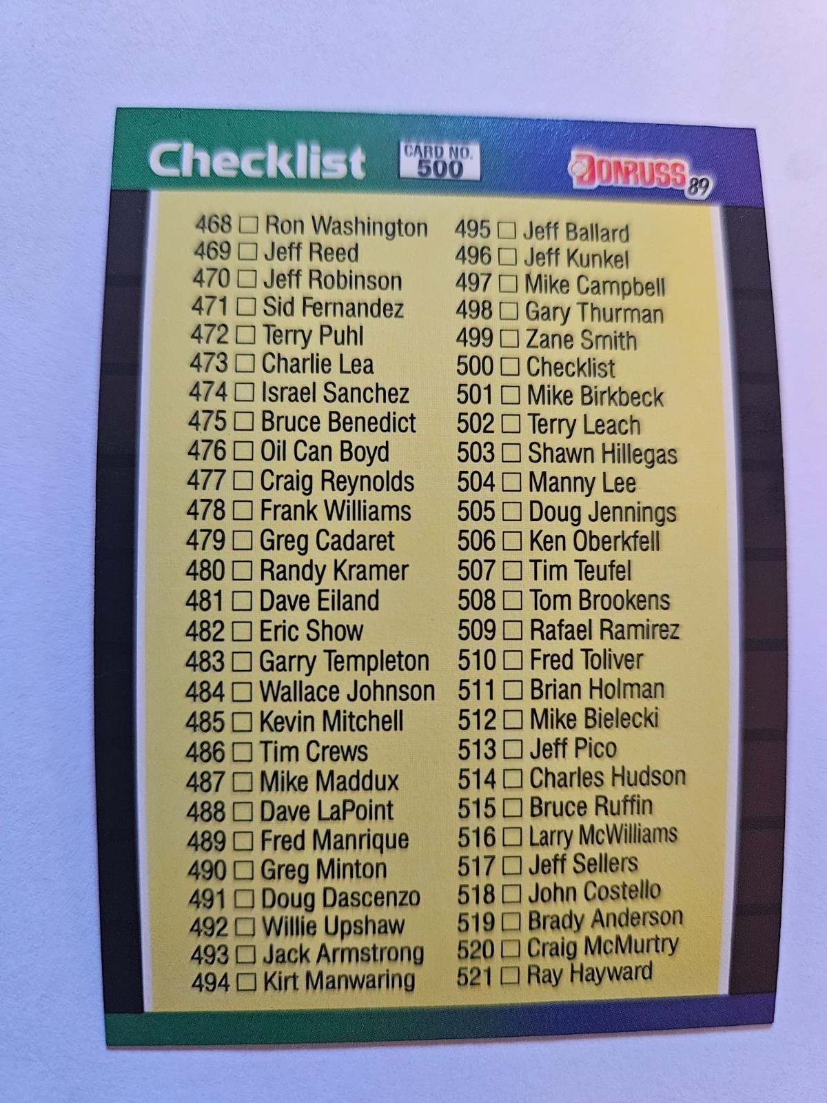 1989 DONRUSS CHECKLIST 468 - 577 #500 NM