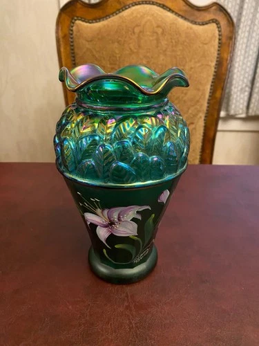 Fenton Designer Emerald Green Iridescent Carnival Glass Lily Vase Hand Painted