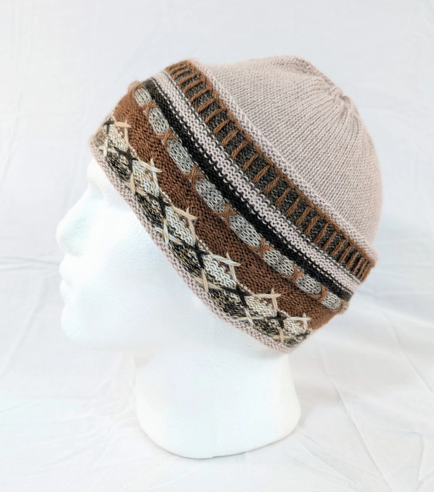 Colorful Handmade Soft Alpaca Beige Brown Beanie Unisex Boho Peru