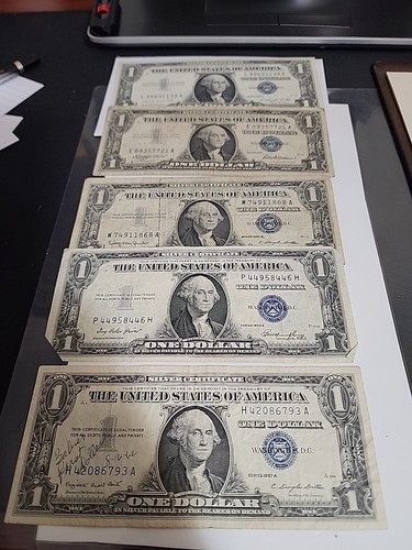 (5) $1 Blue Note Bills, 1935 and 1957 Mixed Silver Certificate Lot ...