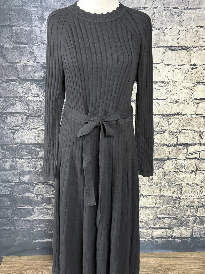 Boden Dress Womens 16 Black Ribbed Knit Sweater Midi Belted Long Sleeve Crewneck - Image 2 of 4
