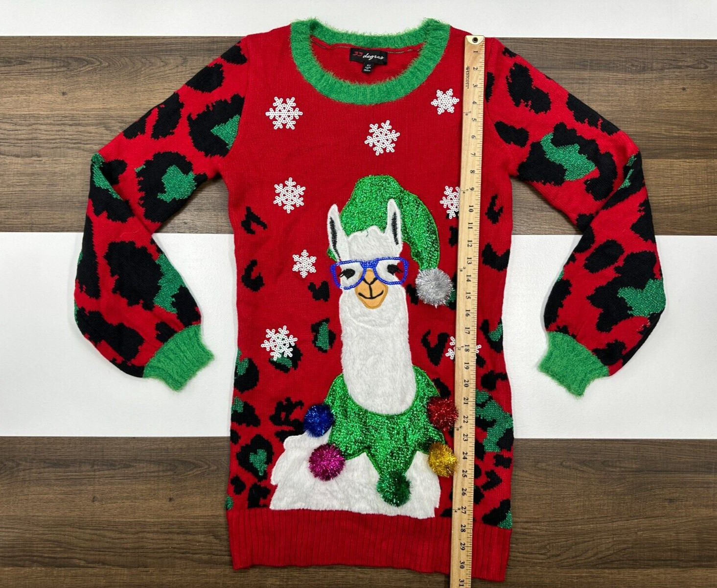 33 Degrees Womens XS Red Fuzzy llama Christmas Pom Funny Long Sweater