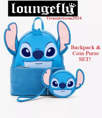 LOUNGEFLY Disney Lilo Stitch Figural Corduroy Coin Purse Mini Backpack SET
