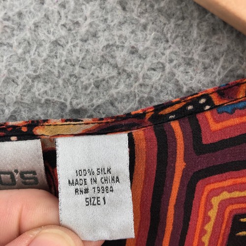 Chicos Top Women 1 US Medium Orange Multi Batik Silk Plunging Neck Long Sleeve* - Picture 7 of 11