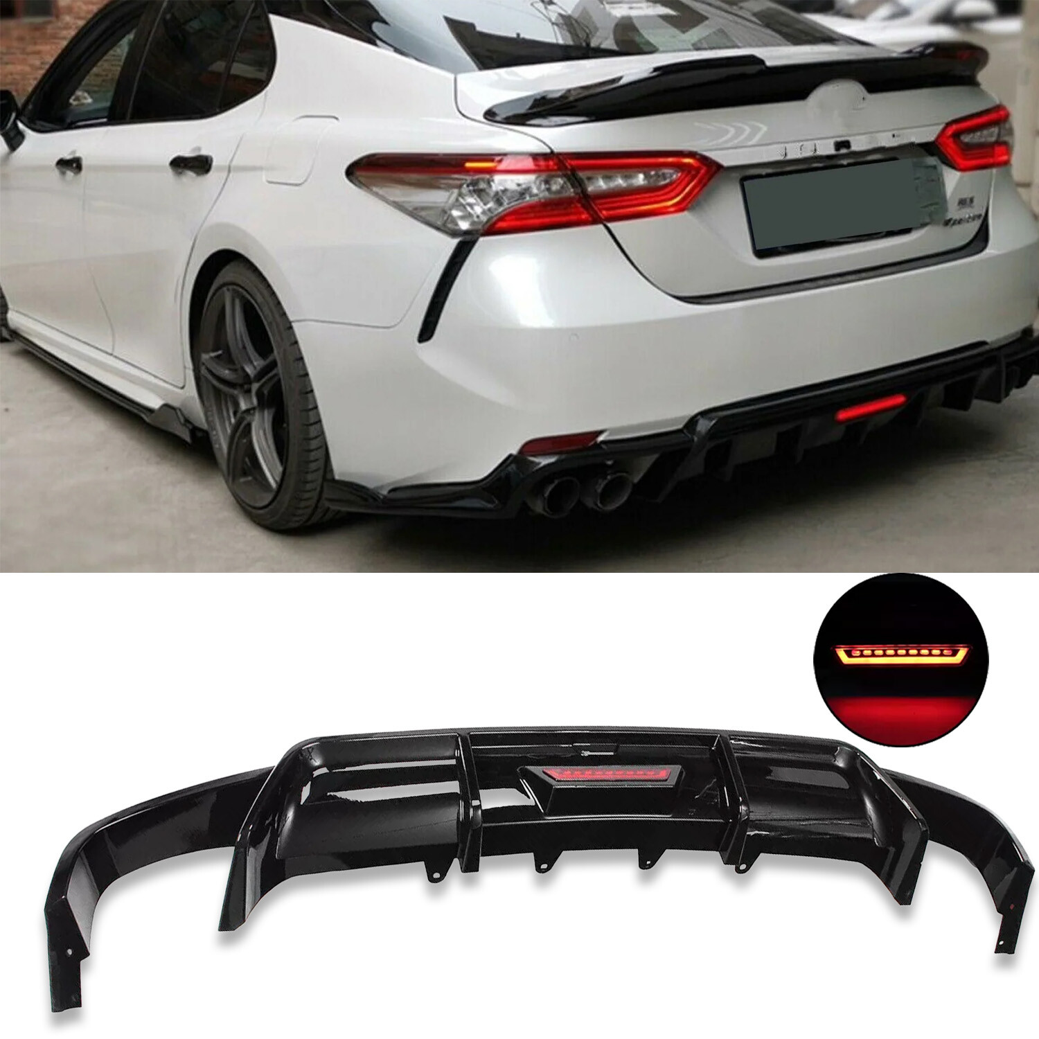 Fits 2018-2024 TOYOTA CAMRY SE XSE GLOSSY BLACK REAR BUMPER DIFFUSER W LED LIGHT