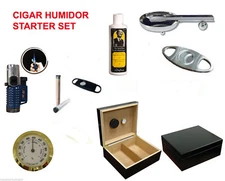 50 ct.Black glass top Wood Humidor Glass top Starter Gift Set Cutter Lighter