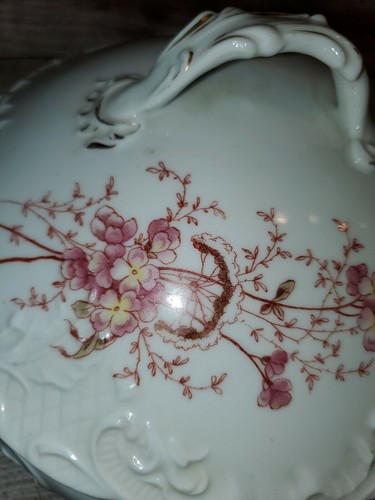 Vtg Austria Carlsbad China Covered Serving Bowl Numbered White Pink Gold Trim - Picture 2 of 6