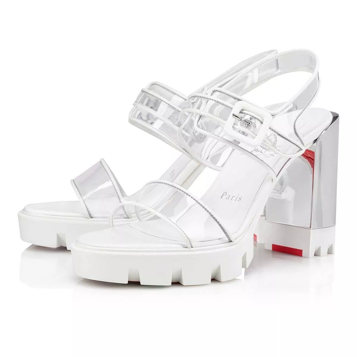 Christian Louboutin Duniss Lug 100 White Clear Platform Sandal Block Heel 40.5