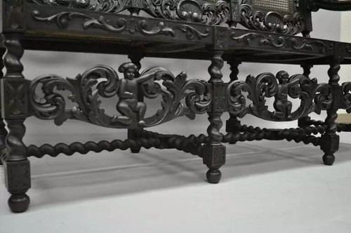 Jacobean Renaissance Barley Twist Cherub Carved Parlor Loveseat Bench Settee - Picture 6 of 10