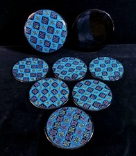 6 Coaster Set In Case Printed Lacquered Wood 4 Inches Each Excellent Condition