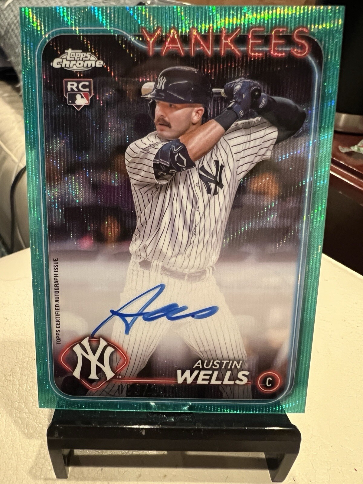 Austin Wells 2024 Topps Chrome #RA-AW Aqua Wave Auto /199 Rookie RC Yankees