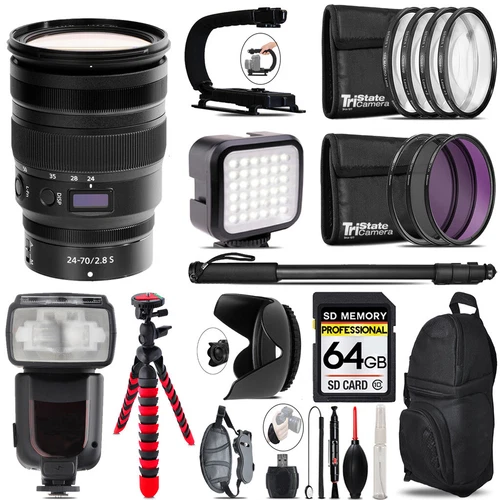 Nikon NIKKOR Z 24-70mm f/2.8 S Lens -Video Kit +Pro Flash -64GB Accessory Bundle