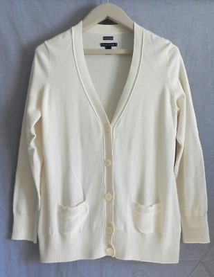 Tommy Hilfiger Cardigan V-Neck Button Down Ivory 100% Pima Cotton Pockets Size L