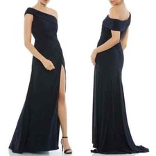 Mac Duggal Navy Blue Foldover Neck Ruched One-Shoulder Trumpet Gown Size 20 $358