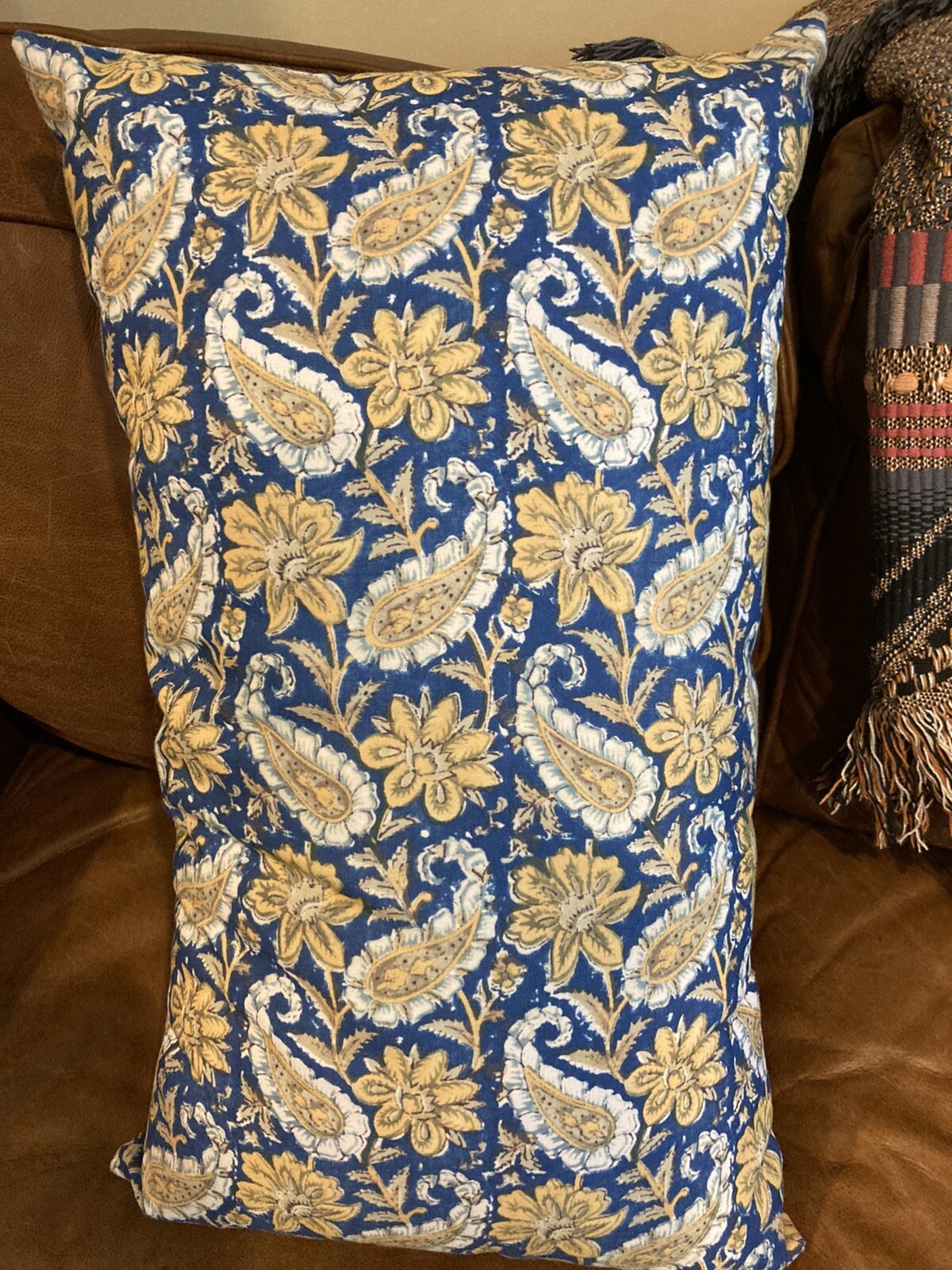 Pottery Barn Cotton Linen Printed Pillow Blue Yellow White Paisley