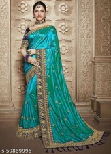 Indian Beautiful Embroidered Silk Sarees Separate Blouse Piece - Free Shipping