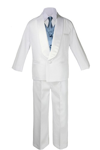7pc Boy Baby White Shawl Lapel Suits Tuxedo Pick Satin Necktie Vest 8-20 - Picture 22 of 28