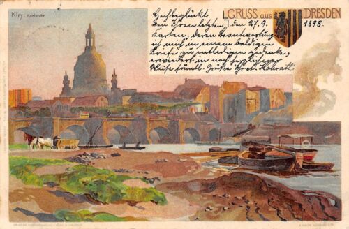Rarität Litho AK 1898 Gruss aus Dresden Elbe Elbbrücke Altstadt im Hintergrund - Afbeelding 1 van 2