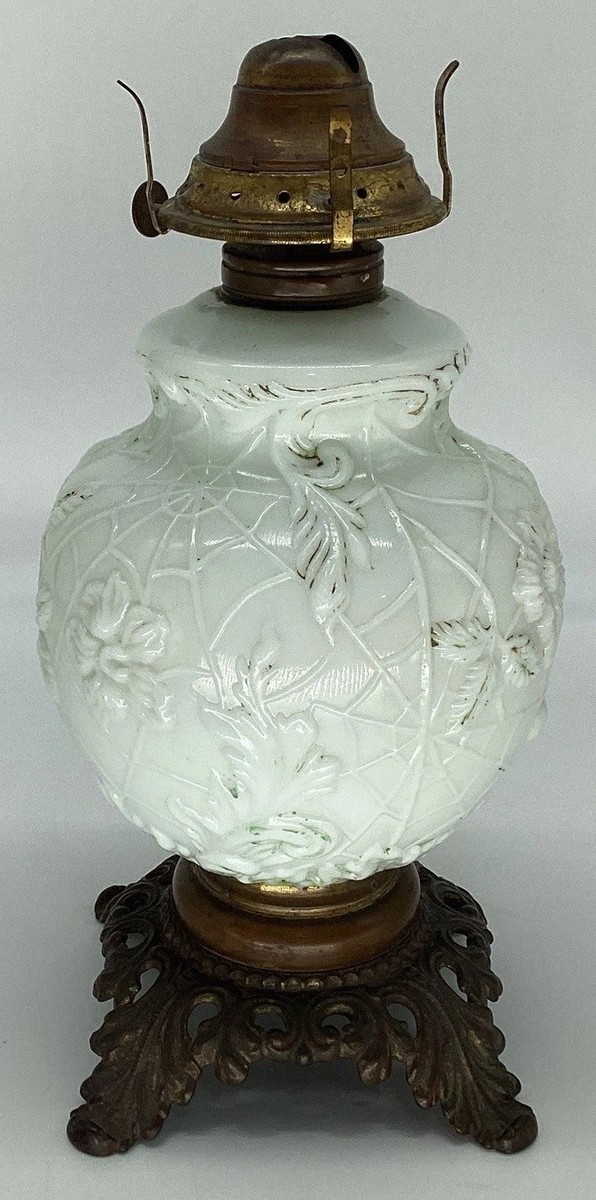 Victorian Era Milk Glass Spider Web Flowers Oil Lamp FG Co Cast