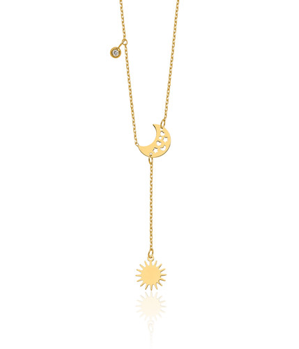 14K Solid Yellow Gold Diamond Sun Moon Y Drop Necklace