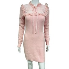 LOVESHACKFANCY Pink Ribbed Knit Bellini Ruffle Lace Sweater Mini Dress M