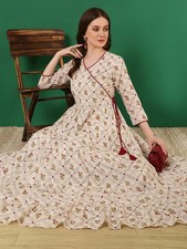 Indian Women Off White Cotton Printed Anarkali Flared Kurta Kurti Long New Dress