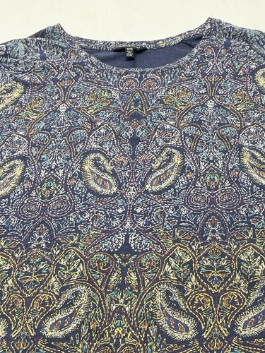 Lucky Brand Blue Funky Artsy Paisley Split Back T Shirt Sz 1X Airy Boho Festival - Picture 2 of 19