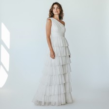 Mac Duggal White And Gold Polka Dot One Shoulder Tiered Dress Size 0