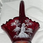 Fenton Red Glass Basket Mary Gregory Glass Hand painted Girl w Flowers