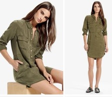 LUCKY BRAND Military Shirt Dress Sz L Army Olive Green Utility Button Up Pockets