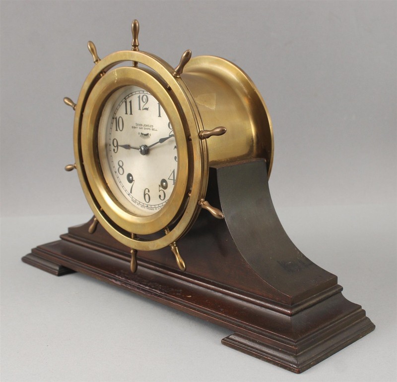 Antique 1921 Seth Thomas Ships Bell Clock Ship Wheel Bezel, Mahogany Stand & Key