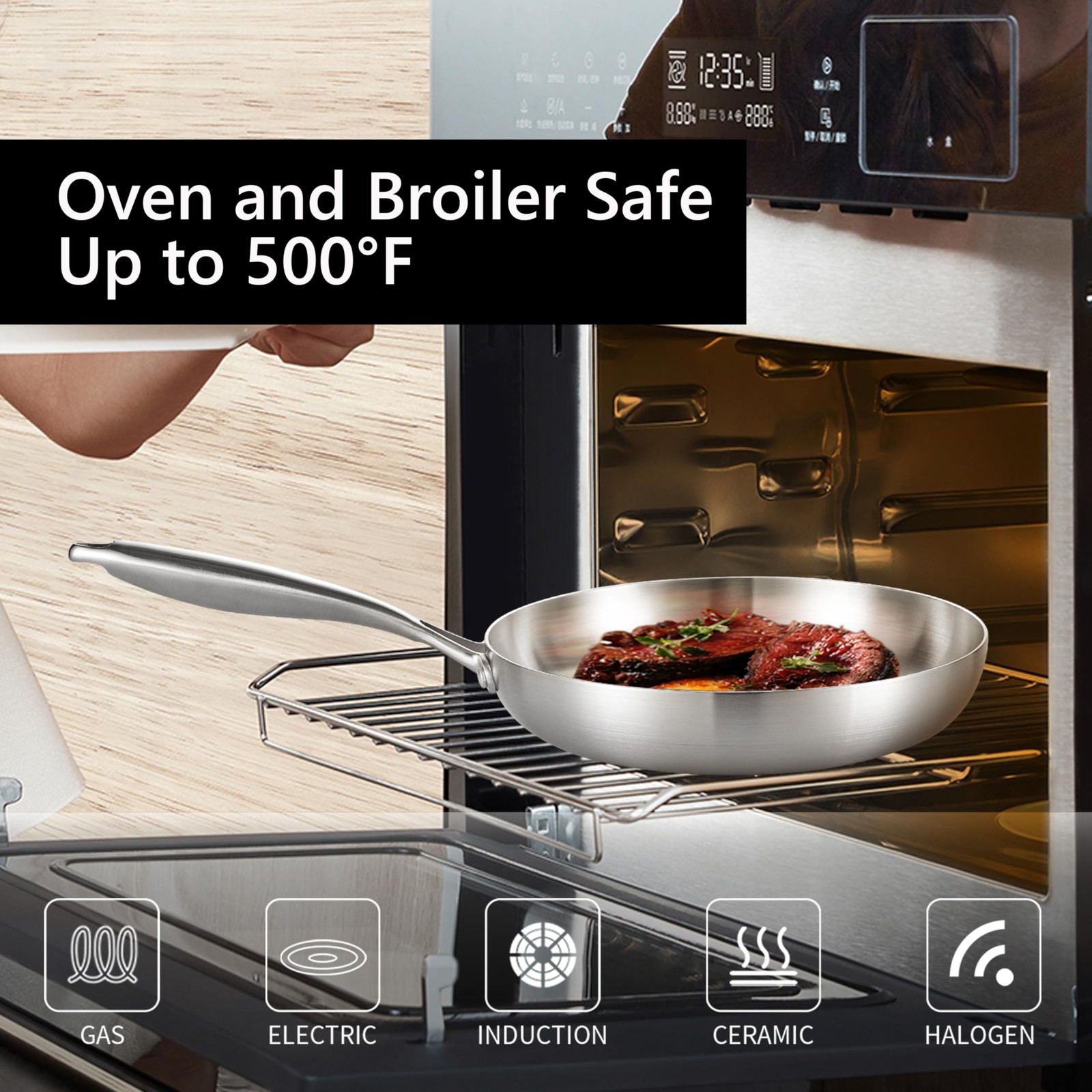 12Inch Tri-Ply Stainless Steel Frying Pan with Lid,Skillet,Induction Cooking Pan