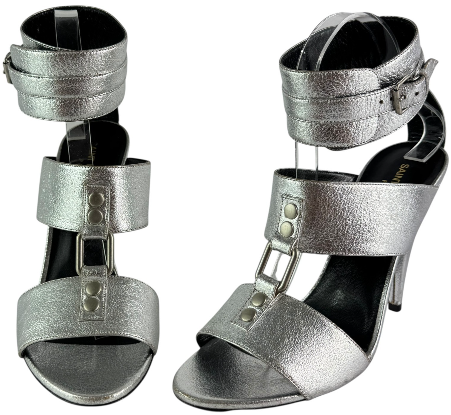 Sandali SAINT LAURENT Paris Fetish con polsino argento metallizzato in pelle 38 5 8 5 US