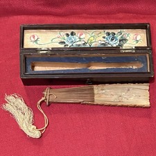 Antique Chinese Hand Embroidered Silk Bird  Flower Hand Fan w/ Lacquer Wood Box
