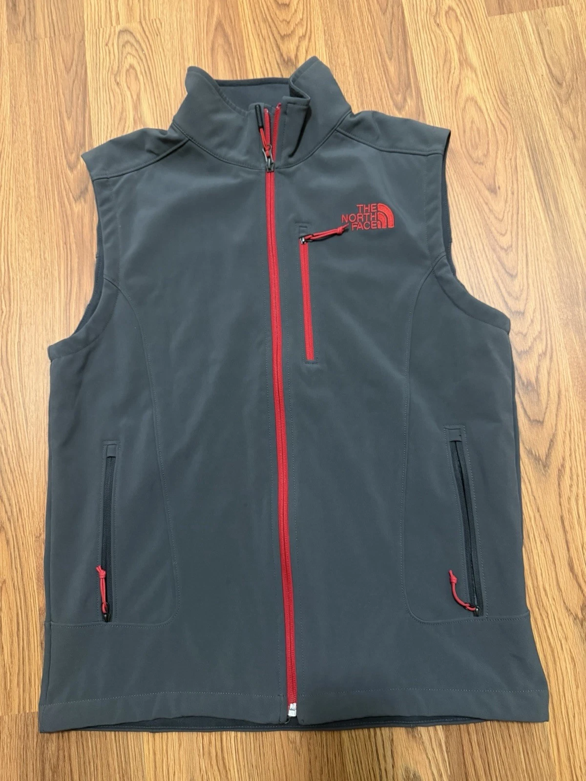 The North Face Soft Shell Vest Men Small Gray Red Full Zip Fleece Lined