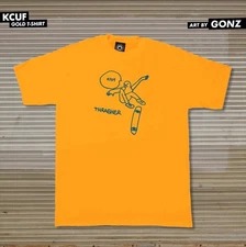 Thrasher Magazine KCUF LOGO Skateboard T Shirt GOLD w/Art By Mark Gonzales