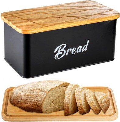 Farmhouse Metal Bread Box Black Bread Storage Container W/ Cutting Board Lid